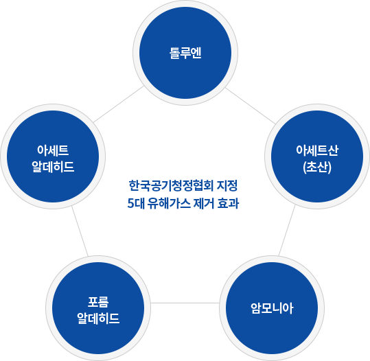한국공기청정협회 지정 5대 유해가스 제거 효과